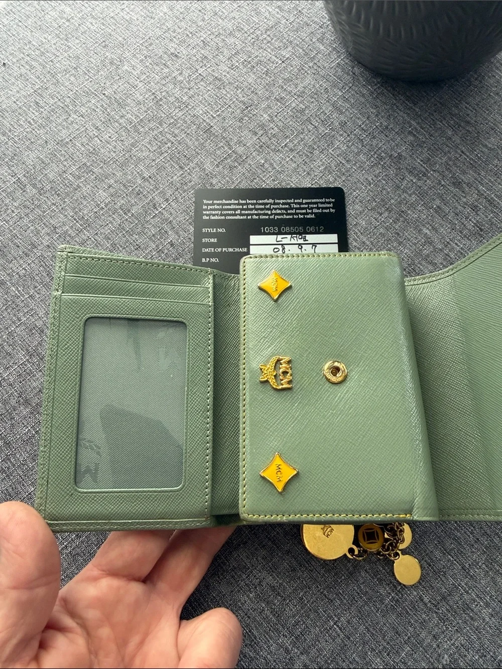 MCM Green Leather Compact Wallet with Gold Accents and Charm - Picture 6 of 10